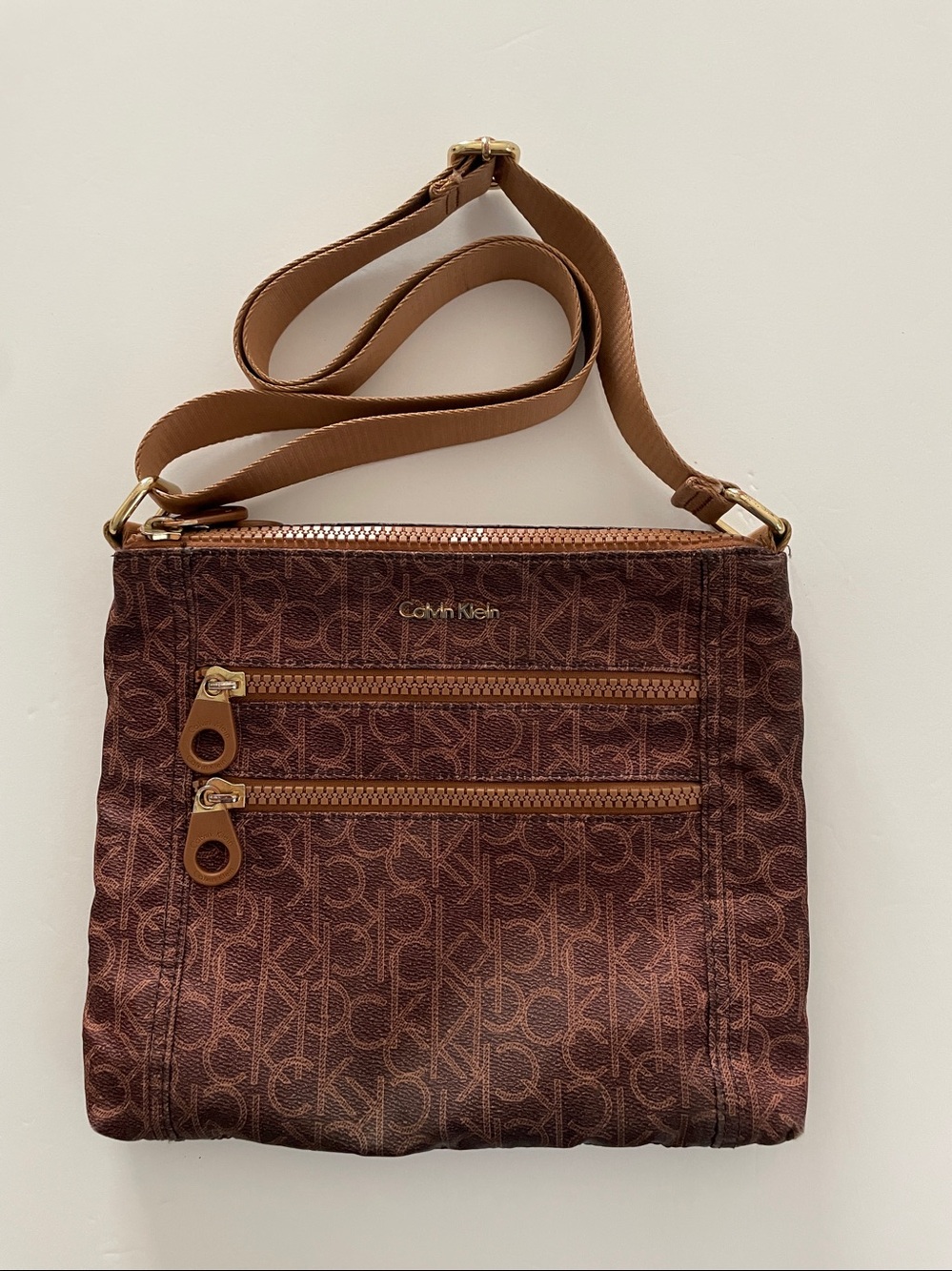 Calvin Klein Logo Lightweight Nylon Crossbody Bag Brown/Gold Adj. Strap